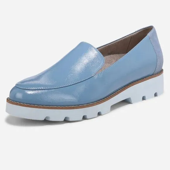 Vionic Kensley Lug-sole Loafers in Blue Shadow Crinkle Patent Leather 10