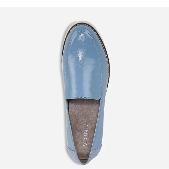 Vionic Kensley Lug-sole Loafers in Blue Shadow Crinkle Patent Leather 10