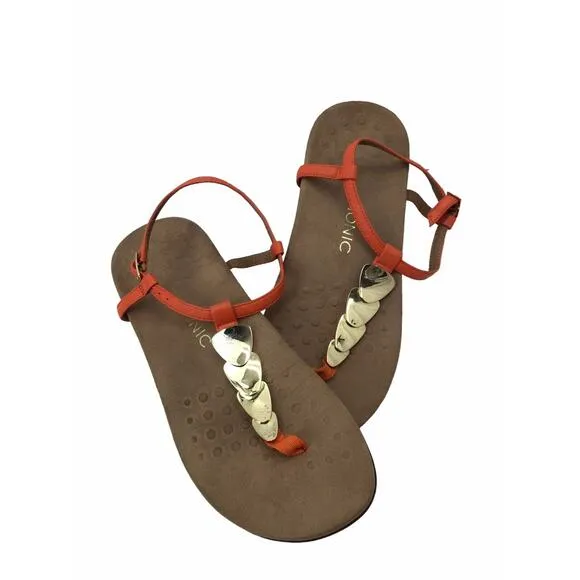 Vionic Miami Thong Sandal Womens 11 Embellished Gold Cork Orthaheel Ankle Strap