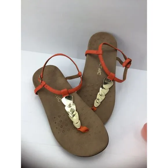 Vionic Miami Thong Sandal Womens 11 Embellished Gold Cork Orthaheel Ankle Strap