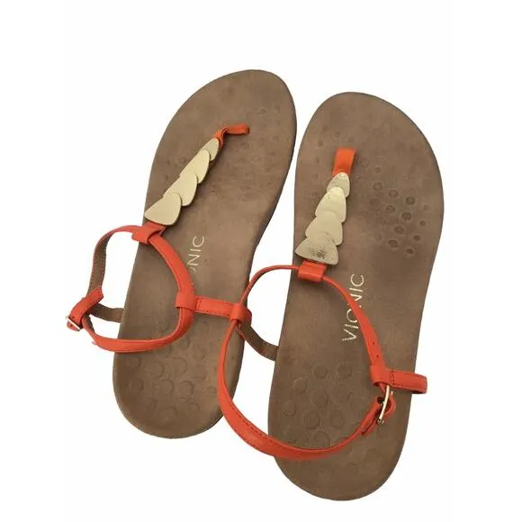 Vionic Miami Thong Sandal Womens 11 Embellished Gold Cork Orthaheel Ankle Strap