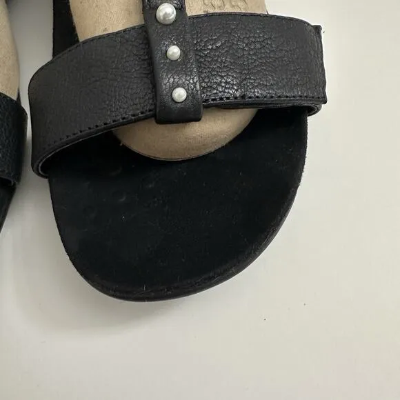 Vionic Mikah Womens Sandals Black Leather Adjustable T-Strap Pearl Orthopedic 10