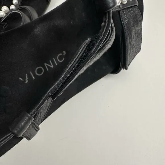 Vionic Mikah Womens Sandals Black Leather Adjustable T-Strap Pearl Orthopedic 10
