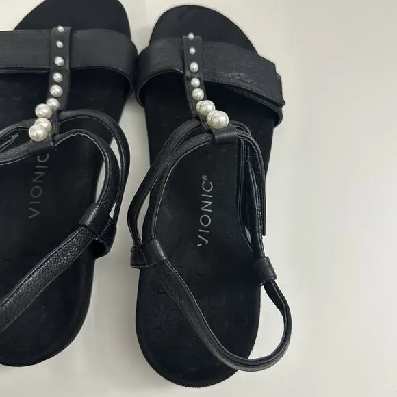 Vionic Mikah Womens Sandals Black Leather Adjustable T-Strap Pearl Orthopedic 10