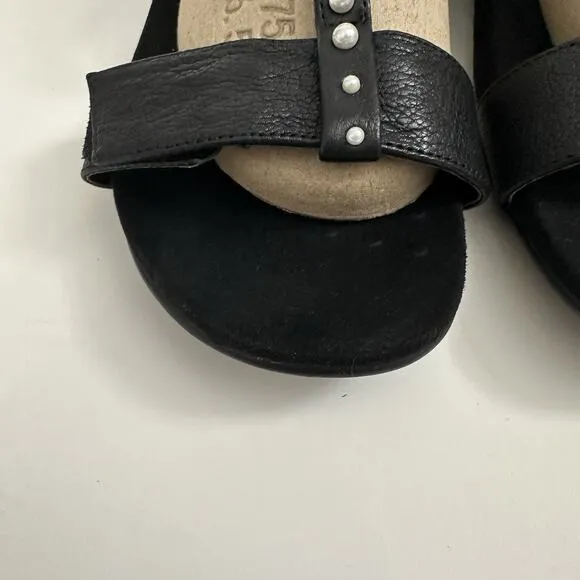 Vionic Mikah Womens Sandals Black Leather Adjustable T-Strap Pearl Orthopedic 10