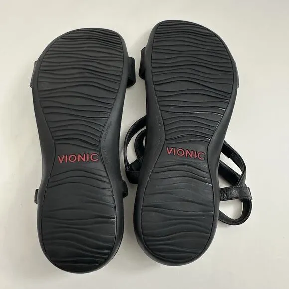 Vionic Mikah Womens Sandals Black Leather Adjustable T-Strap Pearl Orthopedic 10