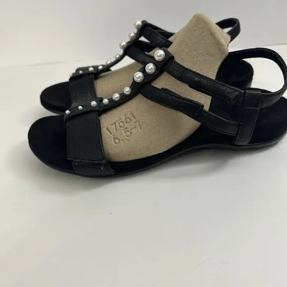 Vionic Mikah Womens Sandals Black Leather Adjustable T-Strap Pearl Orthopedic 10