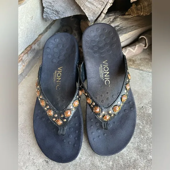 VIONIC Rest Floriana Black toe post Sandals w/Eye-Catching Beaded Design Sz-6. N
