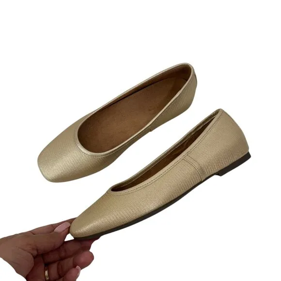 VIONIC Womens Gold Square-Toe Ballet Flats Size 6.5 Leather Upper Rubber Sole