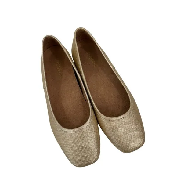 VIONIC Womens Gold Square-Toe Ballet Flats Size 6.5 Leather Upper Rubber Sole