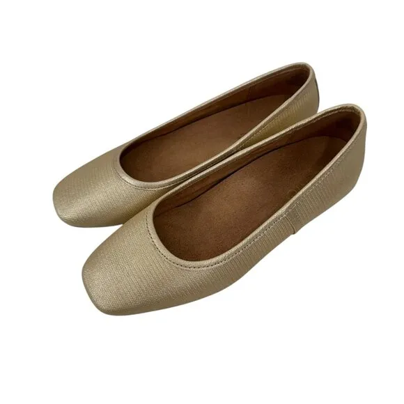 VIONIC Womens Gold Square-Toe Ballet Flats Size 6.5 Leather Upper Rubber Sole