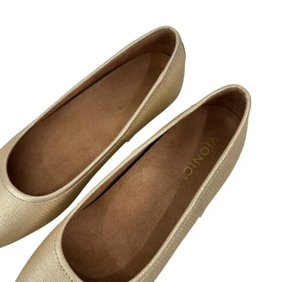 VIONIC Womens Gold Square-Toe Ballet Flats Size 6.5 Leather Upper Rubber Sole