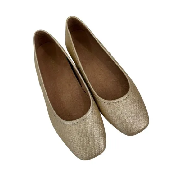 VIONIC Womens Gold Square-Toe Ballet Flats Size 6.5 Leather Upper Rubber Sole