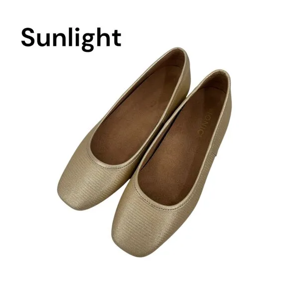 VIONIC Womens Gold Square-Toe Ballet Flats Size 6.5 Leather Upper Rubber Sole