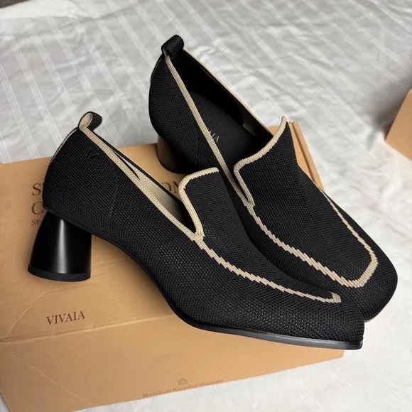 VIVAIA Block Heel Knit Loafers Squared Toe Slip On Shoes Black Size 9.5 EUR 41