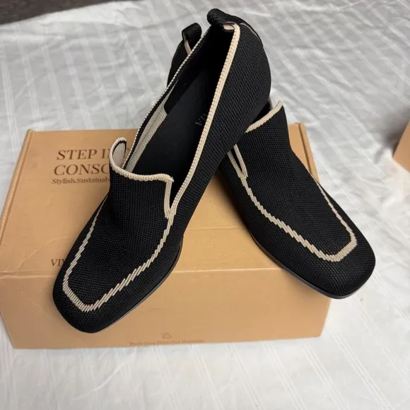 VIVAIA Block Heel Knit Loafers Squared Toe Slip On Shoes Black Size 9.5 EUR 41