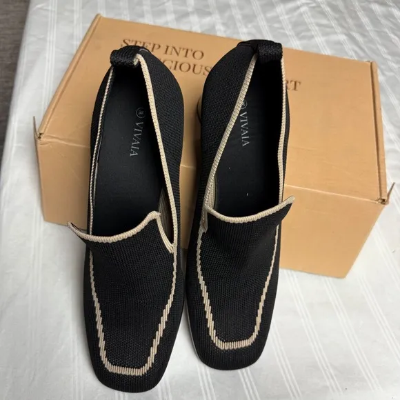 VIVAIA Block Heel Knit Loafers Squared Toe Slip On Shoes Black Size 9.5 EUR 41