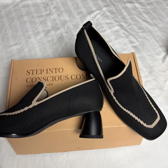 VIVAIA Block Heel Knit Loafers Squared Toe Slip On Shoes Black Size 9.5 EUR 41
