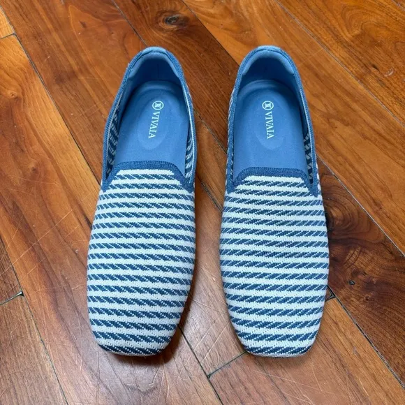 VIVAIA Square-Toe Loafers Samantha Blue Stripe Flats 41 9.5