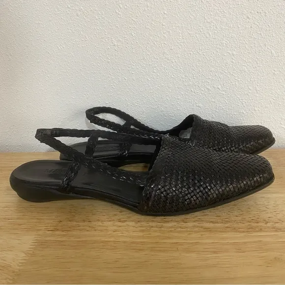 VTG Sesto Meucci Woven Leather Slingback Flats Sz 9.5 Black Shoes Made In Italy