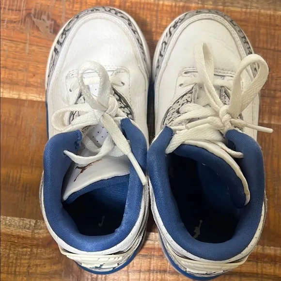 White and Blue Jordan 3 Retro Sneakers, Size 10c