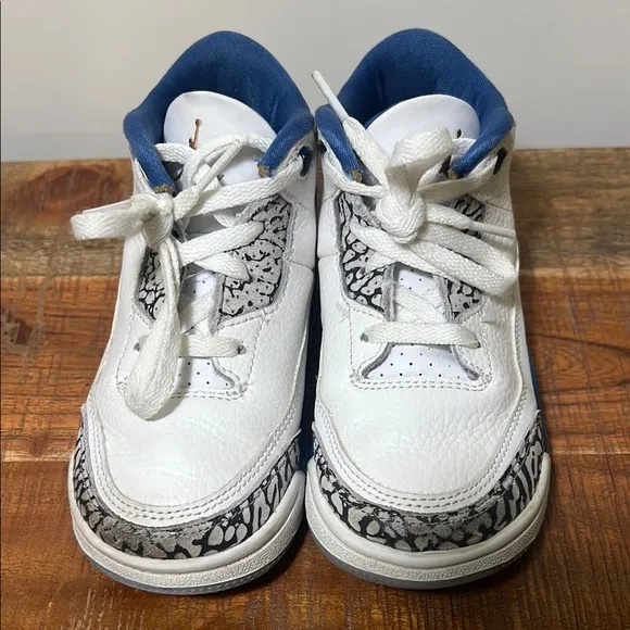 White and Blue Jordan 3 Retro Sneakers, Size 10c