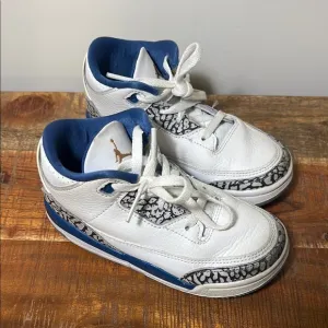 White and Blue Jordan 3 Retro Sneakers, Size 10c