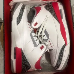 White and Red Sneakers with Gray Accents Retro 3 Fire Red