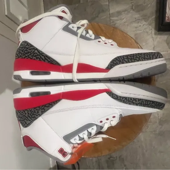 White and Red Sneakers with Gray Accents Retro 3 Fire Red