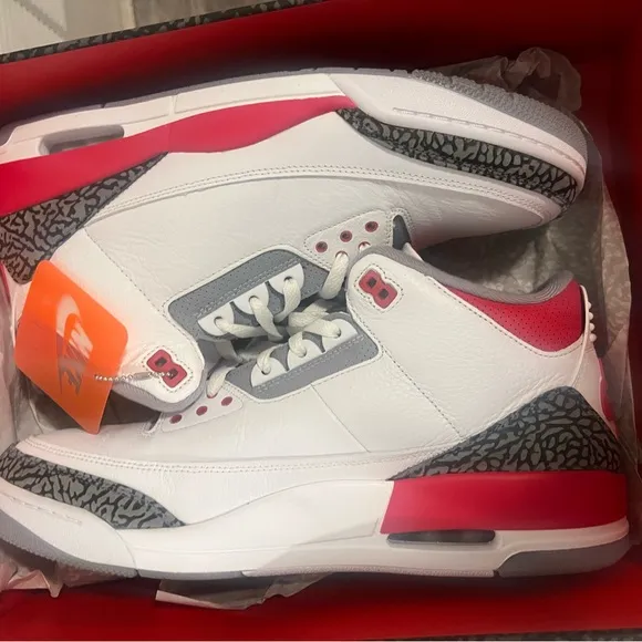 White and Red Sneakers with Gray Accents Retro 3 Fire Red