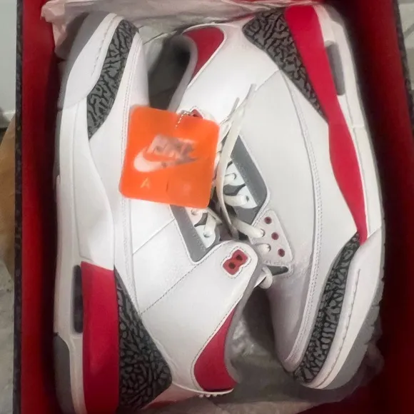 White and Red Sneakers with Gray Accents Retro 3 Fire Red
