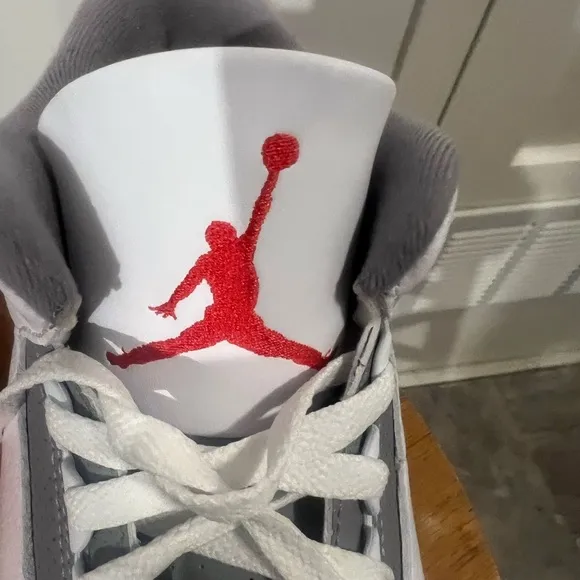 White and Red Sneakers with Gray Accents Retro 3 Fire Red