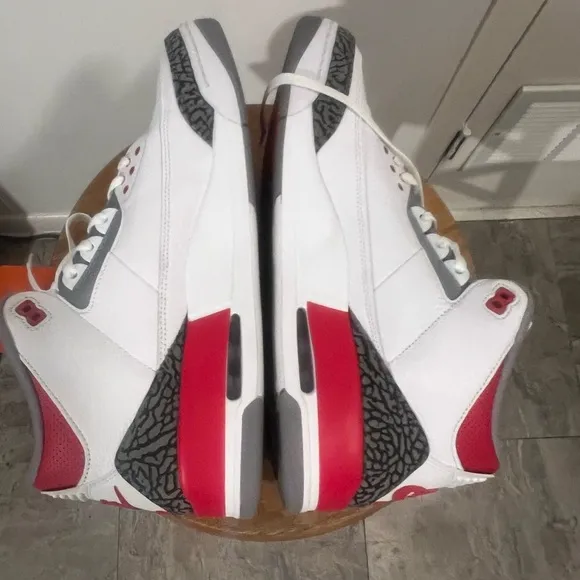 White and Red Sneakers with Gray Accents Retro 3 Fire Red