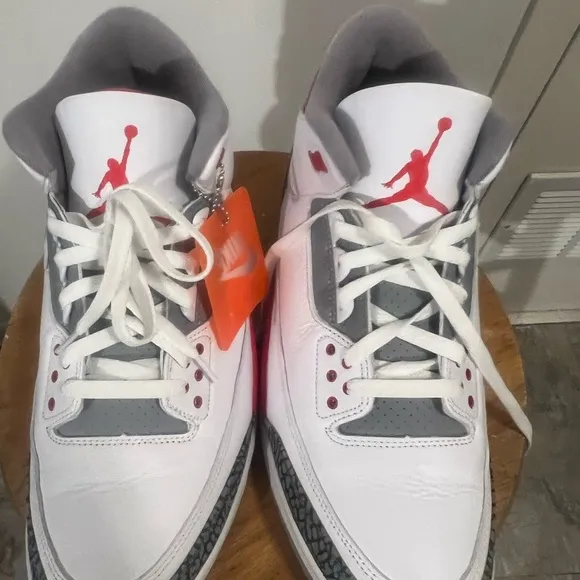 White and Red Sneakers with Gray Accents Retro 3 Fire Red