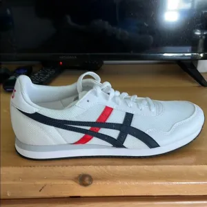 White Asics Sneakers with Blue and Red Stripes