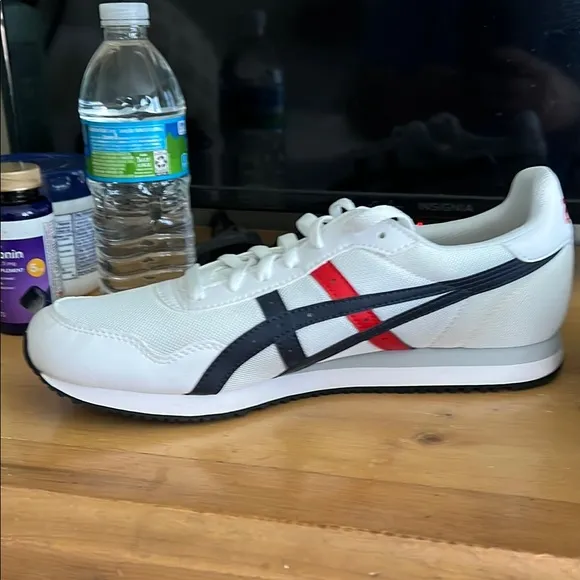 White Asics Sneakers with Blue and Red Stripes