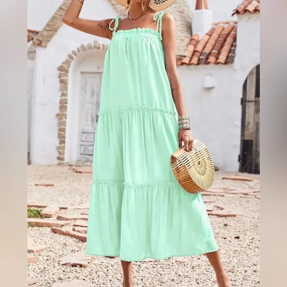 Women 2023 Summer Maxi Dresses Sleeveless Spaghetti Strap Casual Sundress Tiered