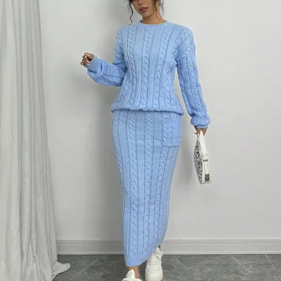 Women 2pcs Set, Solid Color Crew Neck Long Sleeve Top &amp; Pocket