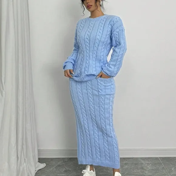 Women 2pcs Set, Solid Color Crew Neck Long Sleeve Top &amp; Pocket