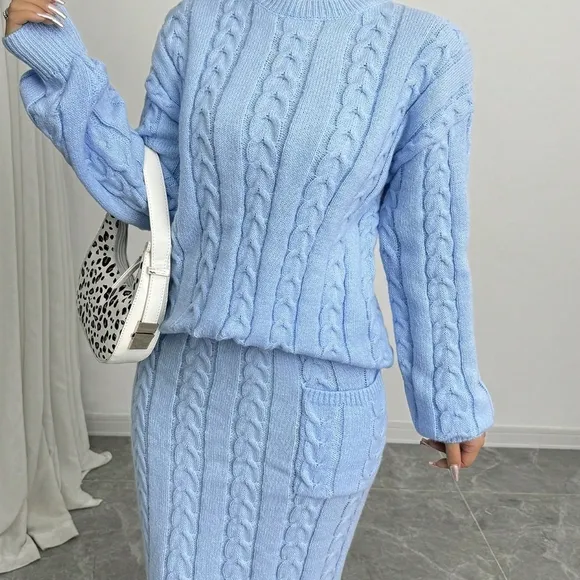 Women 2pcs Set, Solid Color Crew Neck Long Sleeve Top &amp; Pocket