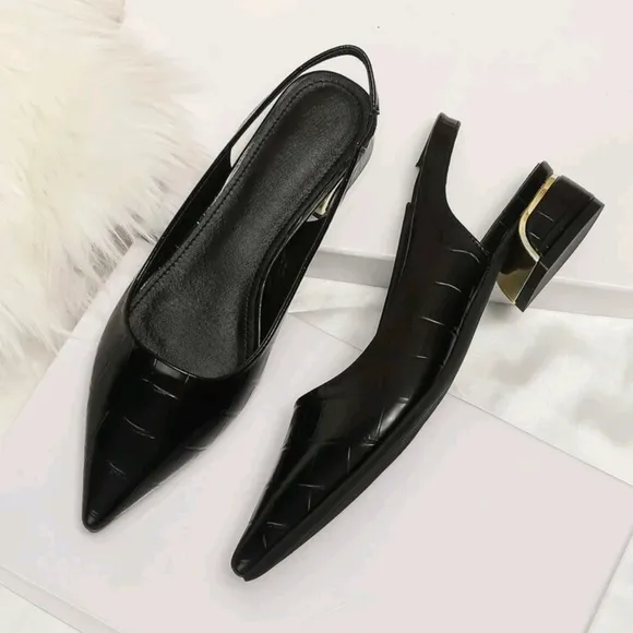 Women Black Crocodile Embossed Flats,  Point Toe Slingback Flats