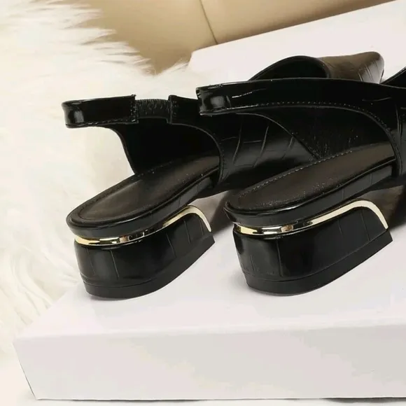 Women Black Crocodile Embossed Flats,  Point Toe Slingback Flats