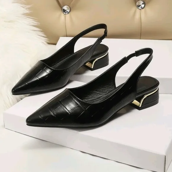 Women Black Crocodile Embossed Flats,  Point Toe Slingback Flats