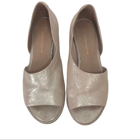 Women Sandals Anthropologie D'orsay Open Toe Flats Metallic Beige Leather Shoes