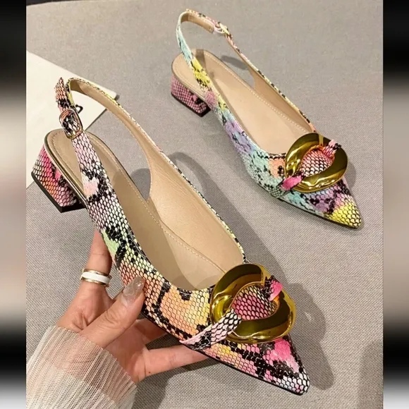 Women Snakeskin Embossed Metal Decor Point Toe Slingback Flats, Funky Outdoor