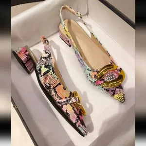 Women Snakeskin Embossed Metal Decor Point Toe Slingback Flats, Funky Outdoor