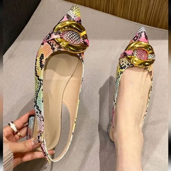 Women Snakeskin Embossed Metal Decor Point Toe Slingback Flats, Funky Outdoor