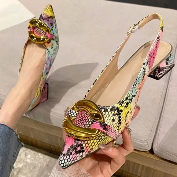 Women Snakeskin Embossed Metal Decor Point Toe Slingback Flats, Funky Outdoor