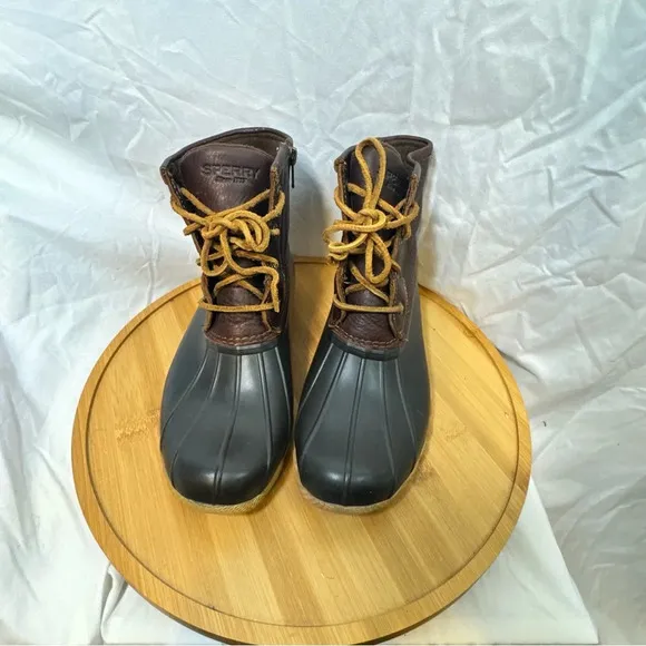 Women's 6.5 Sperry Leather Brown Black Rain Snow Boot, Classic Duck Boots Rubber
