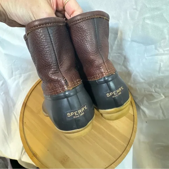 Women's 6.5 Sperry Leather Brown Black Rain Snow Boot, Classic Duck Boots Rubber